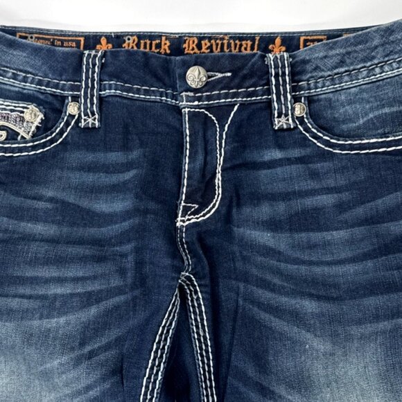 Rock Revival Jeans Womens 31 Jacklyn Boot Cut Pink Sequins Embroidered Denim Mid - Picture 10 of 16